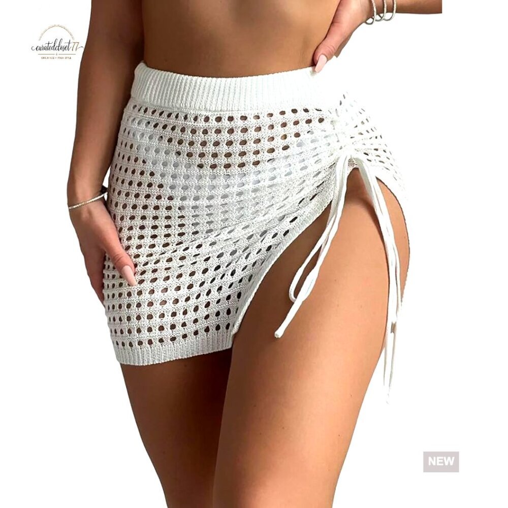 Sheer Crochet Cover Up Beach Skirt with Drawstring Split